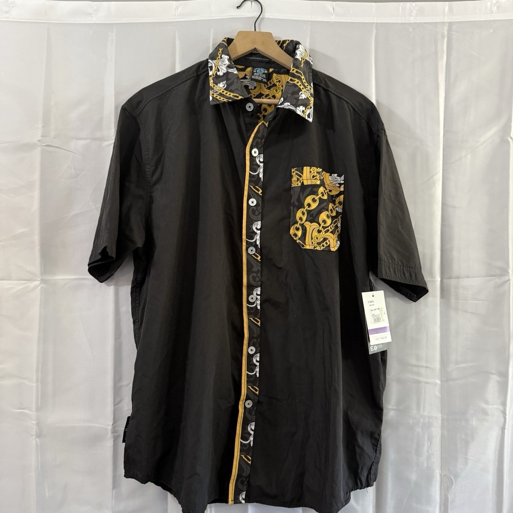 Enyce Button Shirt Men 2XL Vintage Y2K Black Yellow Gold Chains Short Sleeve New